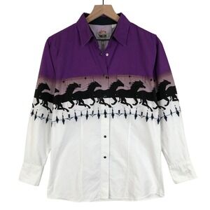 VTG CUMBERLAND OUTFITTERS Horse Print Western Snap Shirt Women's S Purple White